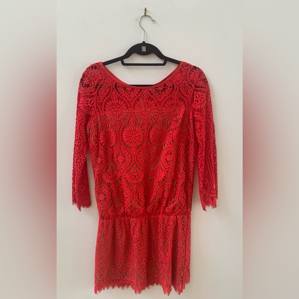 David Lerner Red Long Sleeve Drop Waist  Mini Dress - Picture 2 of 9